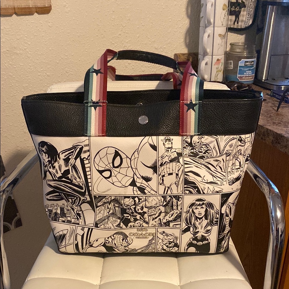 Comic Book Style Tote Bag with Black and Multicolor Straps